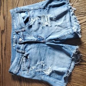 American Eagle Super Super Stretch Midi Distressed Denim Shorts